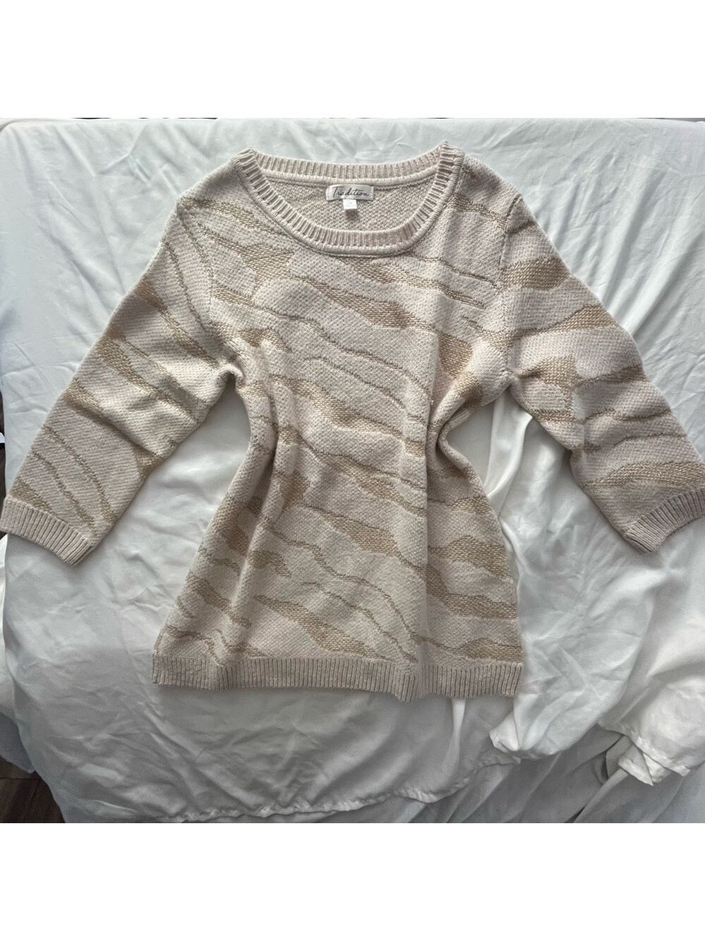 Tradition Beige Gold Metallic Abstract Animal Print Knit Sweater Size M